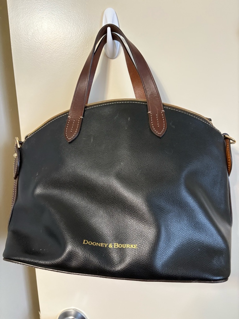 Dooney & Bourke Black Leather Dome Satchel with Brown Handles